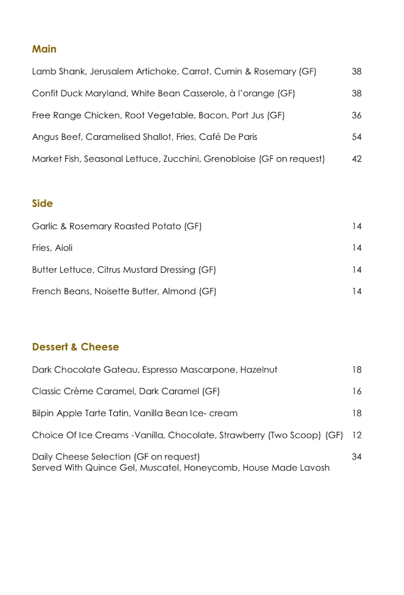 Menu, One Orient Restaurant