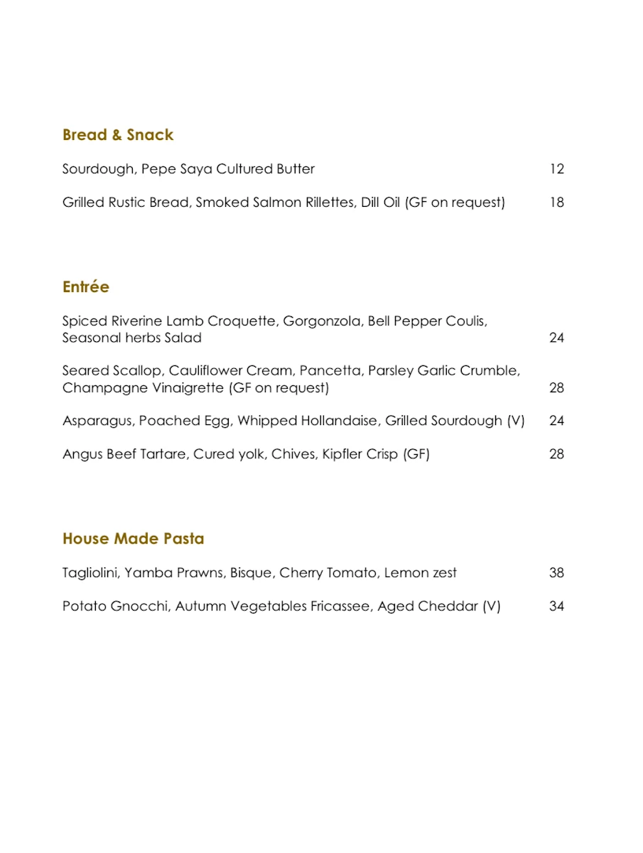 Menu, One Orient Restaurant