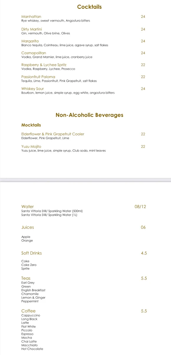 Menu, One Orient Restaurant