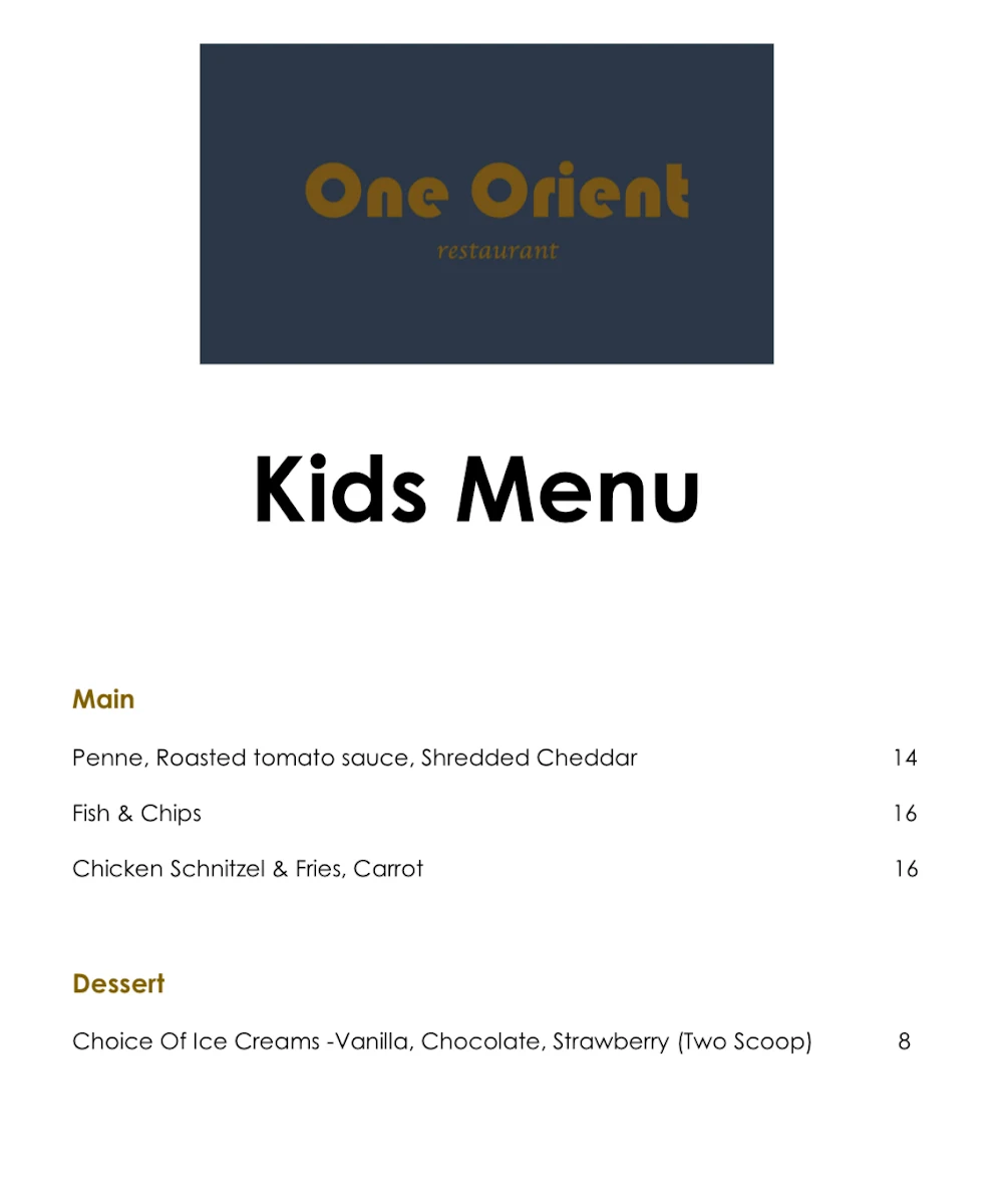Menu, One Orient Restaurant