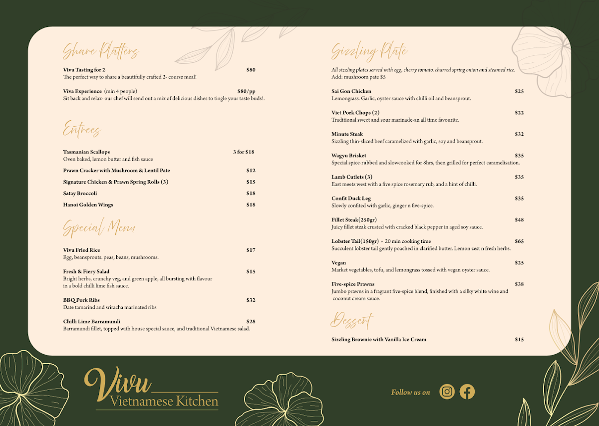 Menu, ViVu Vietnamese Kitchen