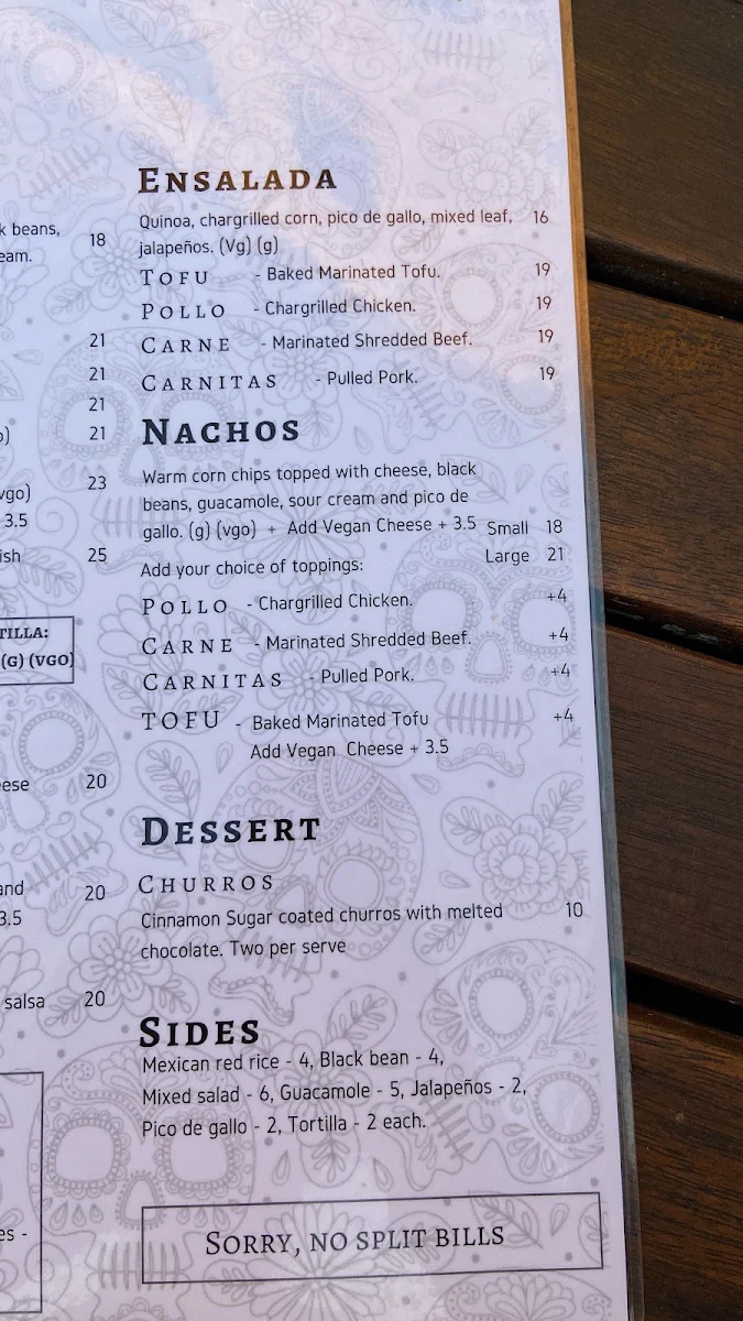 Menu, Village Cantina