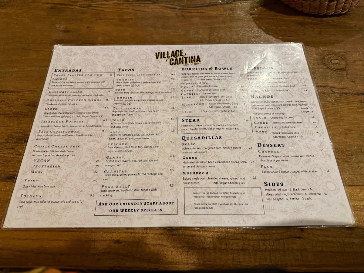 Menu, Village Cantina