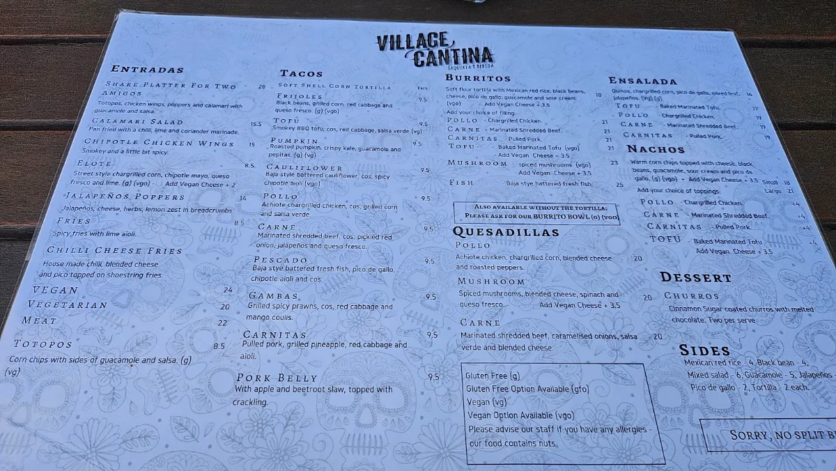 Menu, Village Cantina