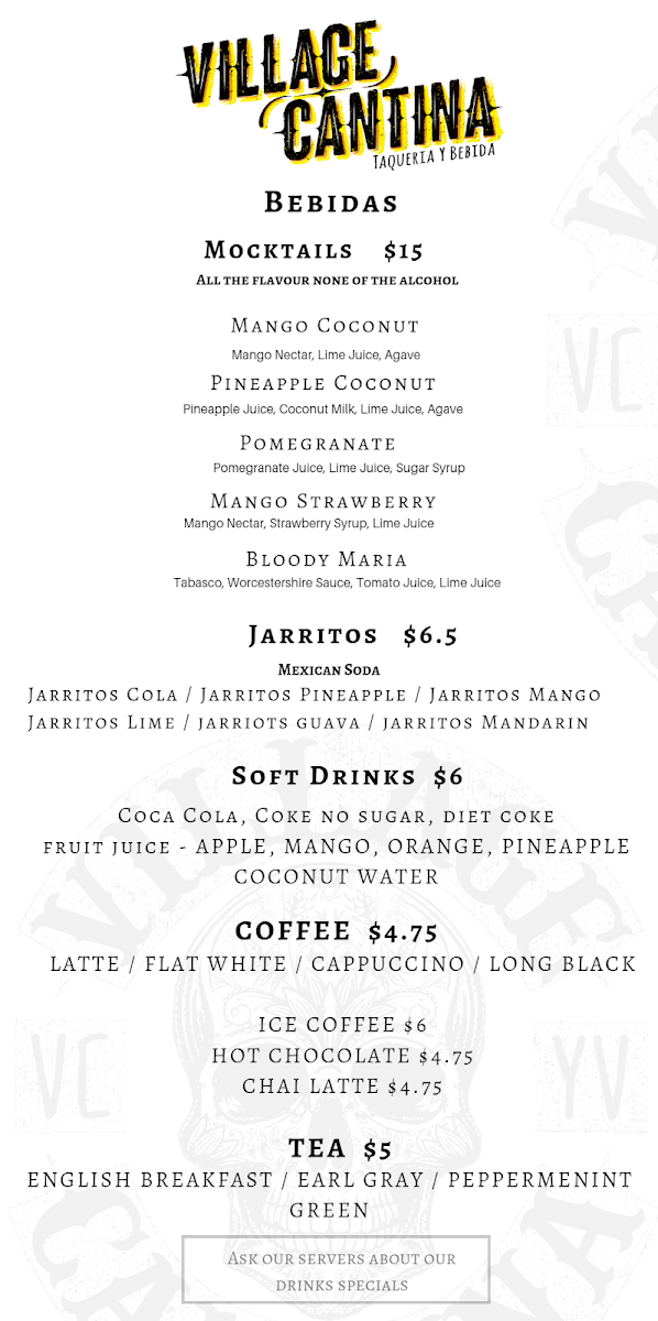 Menu, Village Cantina