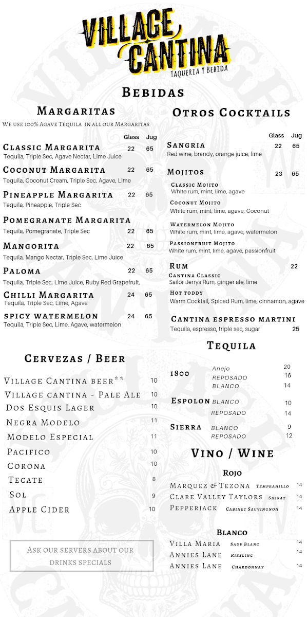 Menu, Village Cantina