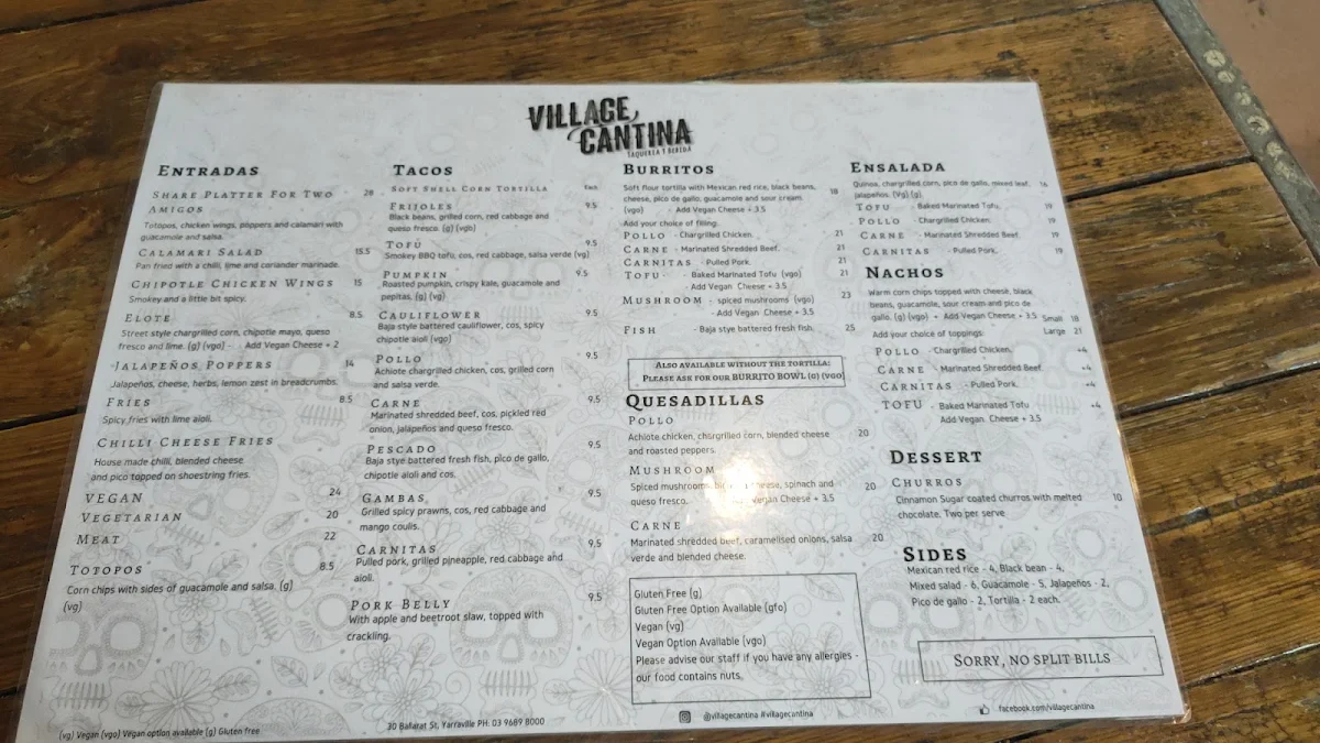 Menu, Village Cantina