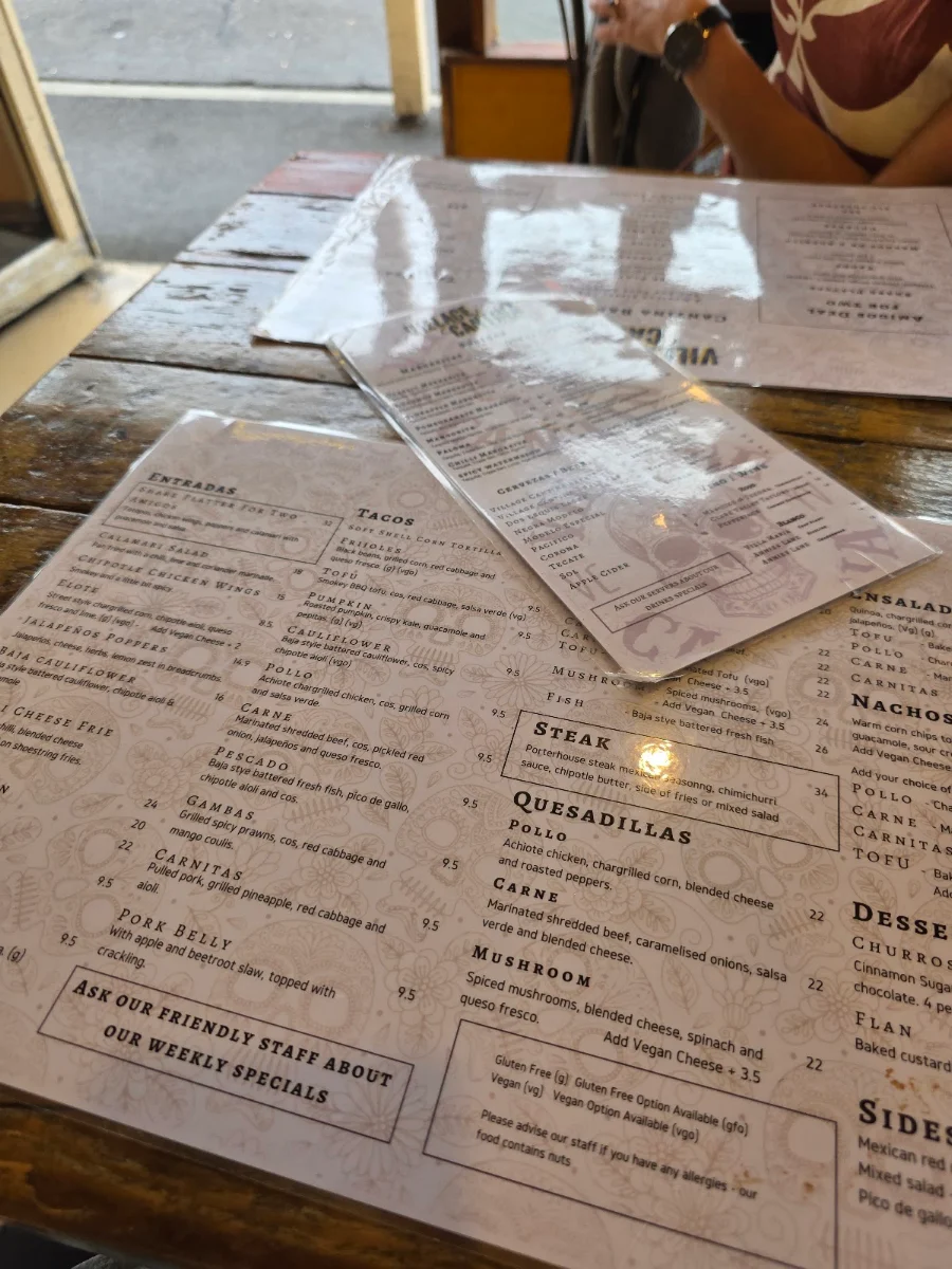 Menu, Village Cantina