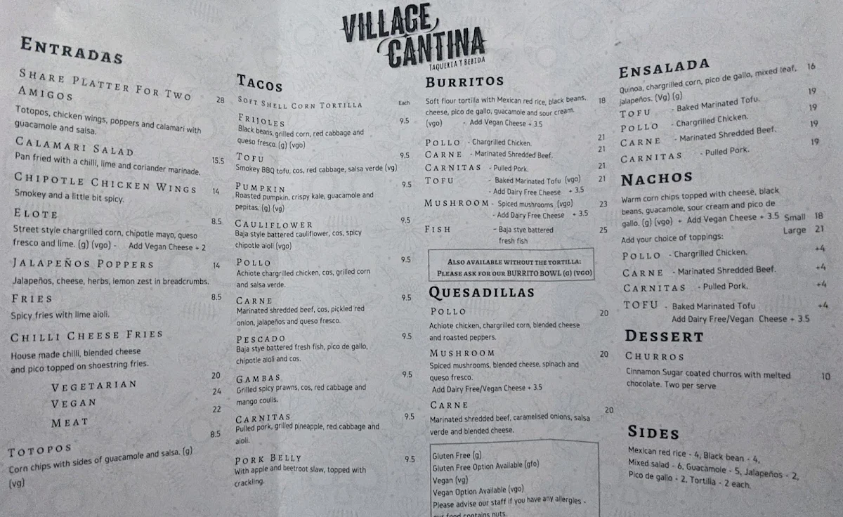 Menu, Village Cantina