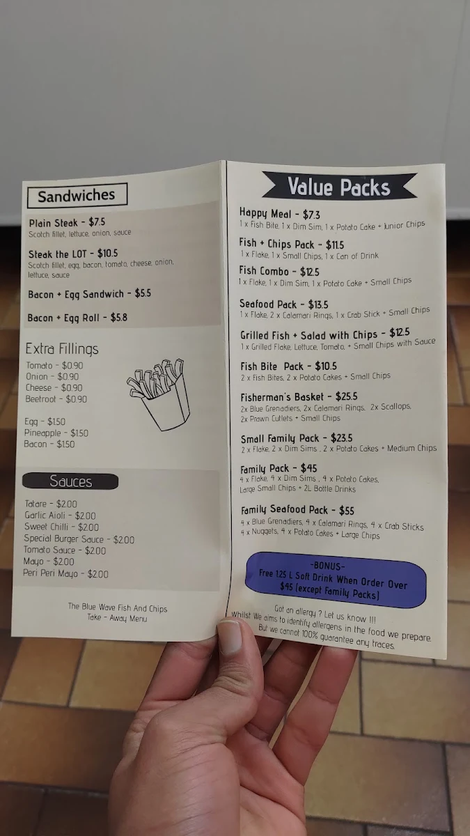Menu, The Blue Wave Fish & Chips