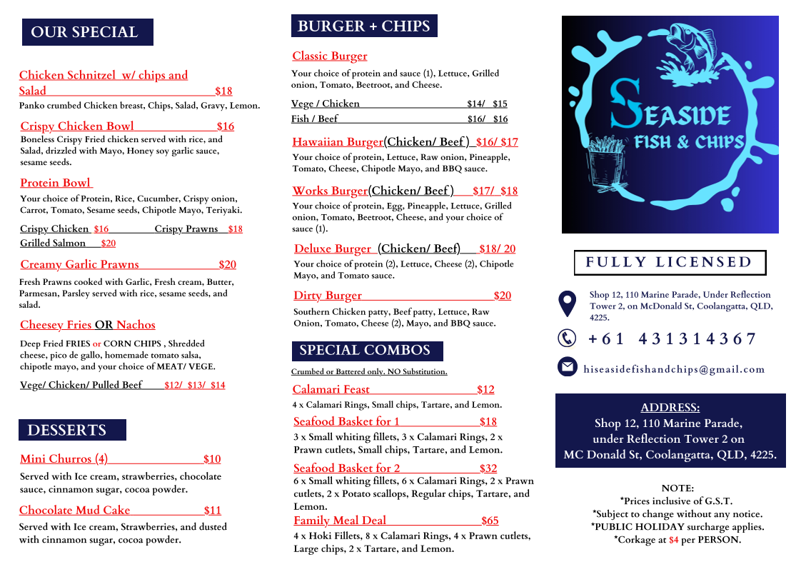 Menu, SEASIDE FISH AND CHIPS