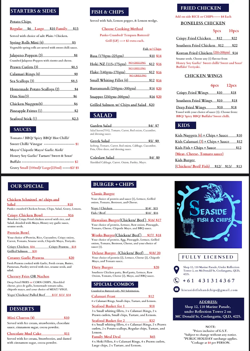 Menu, SEASIDE FISH AND CHIPS