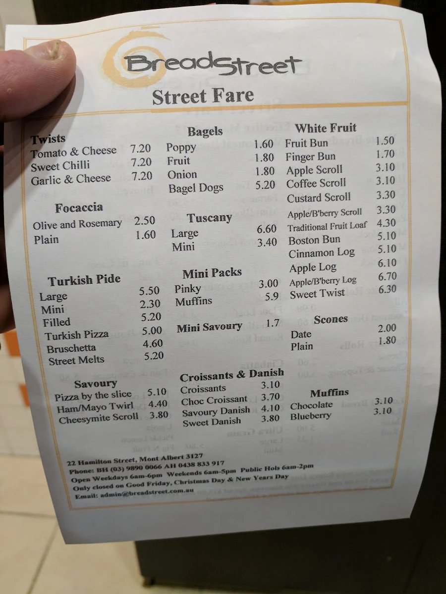 Menu, Bakehouse Mont Albert