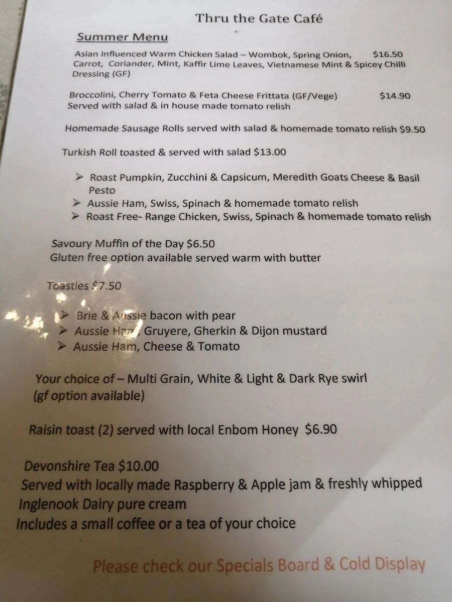 Menu, Thru the Gate Cafe