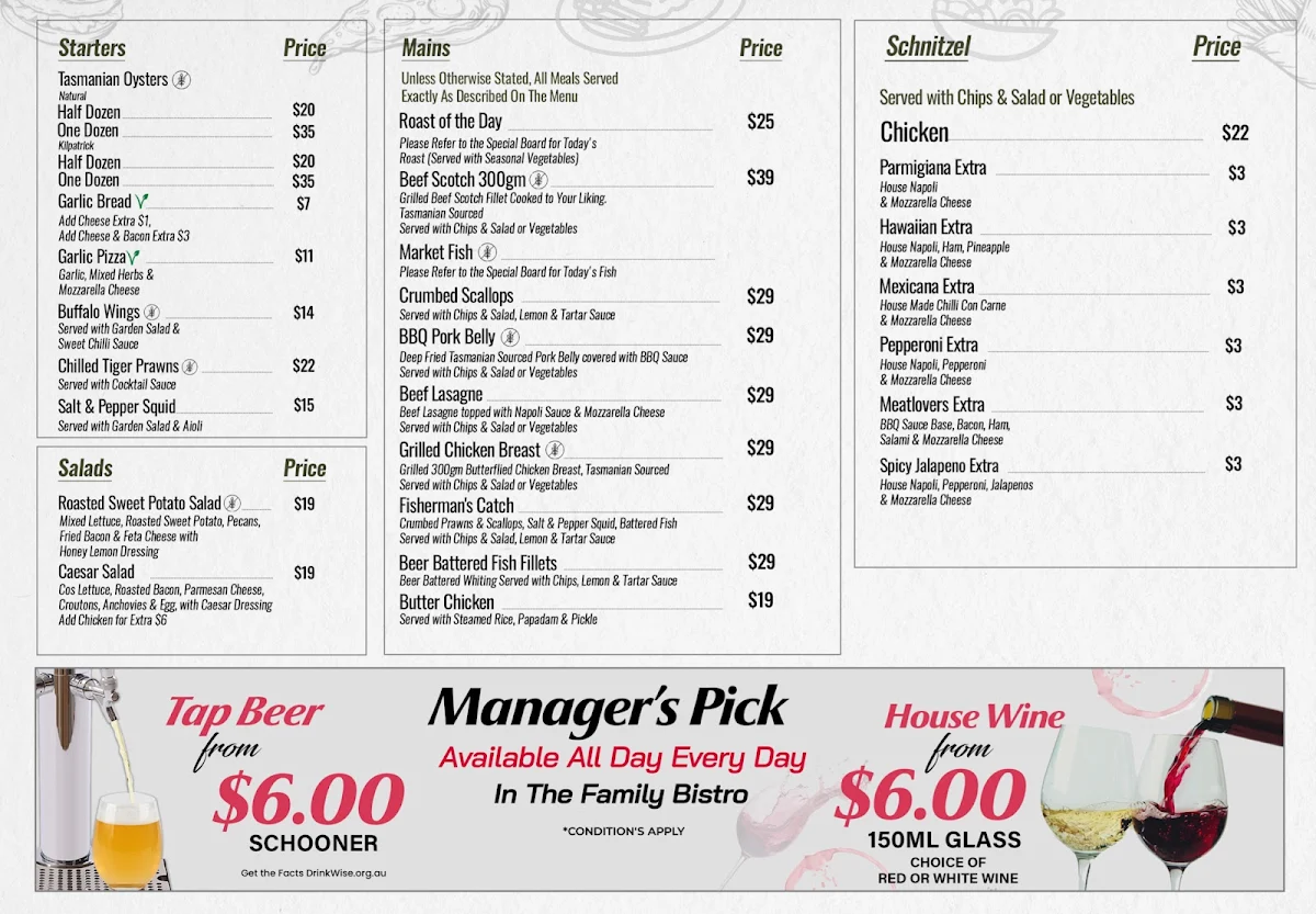 Menu, Bayside Family Bistro St Helens