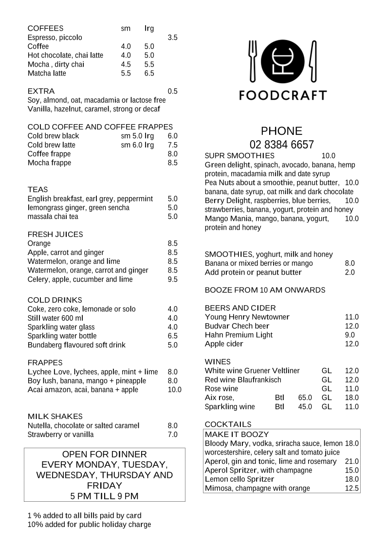 Menu, Foodcraft Erskineville