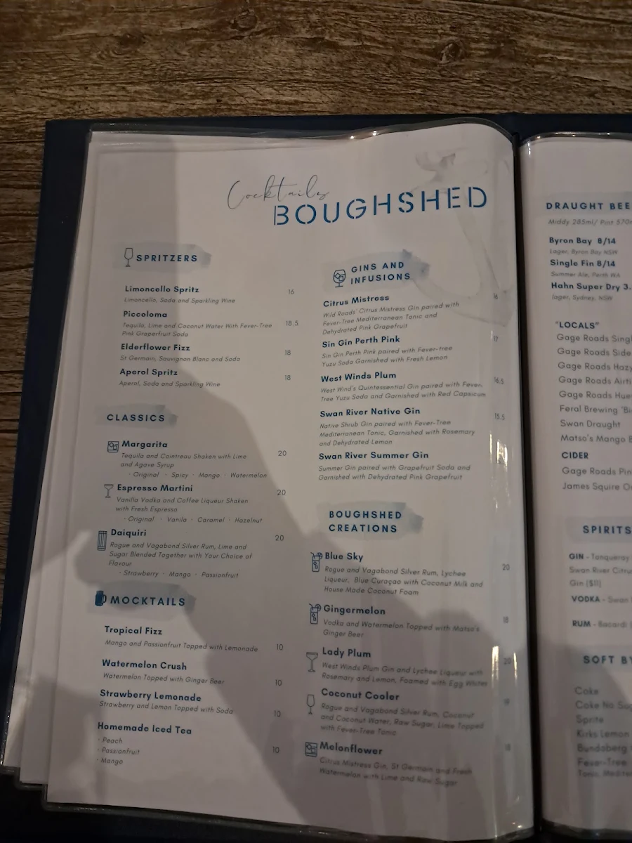 Menu, Boughshed Restaurant