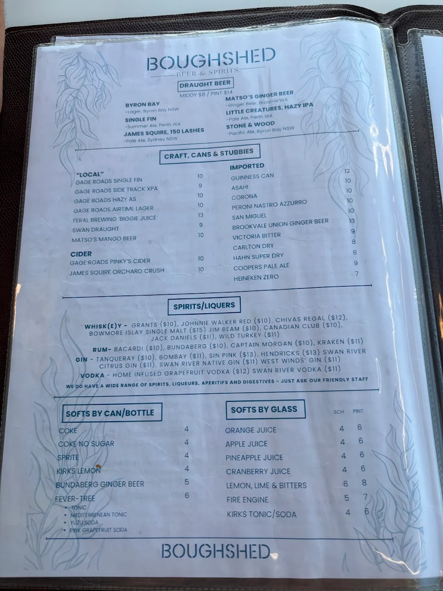 Menu, Boughshed Restaurant