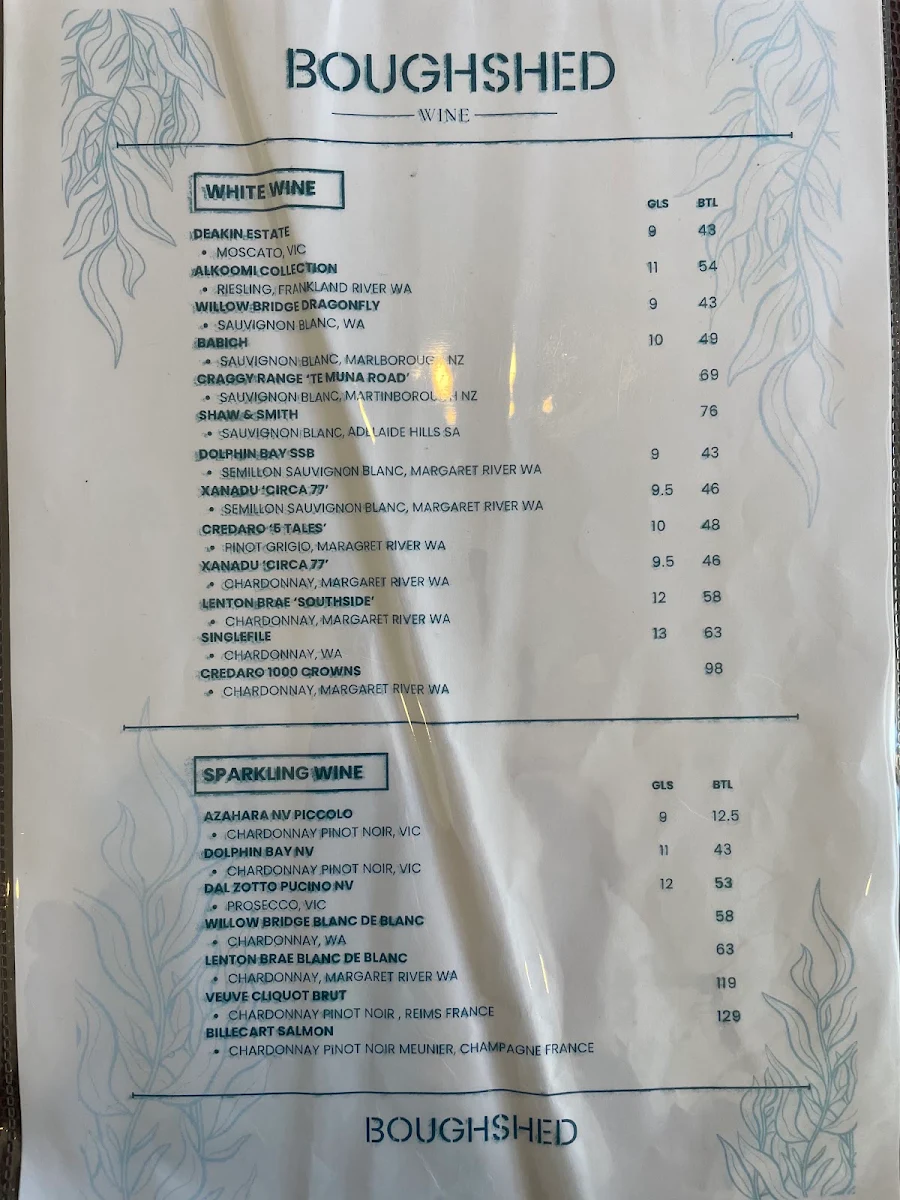Menu, Boughshed Restaurant