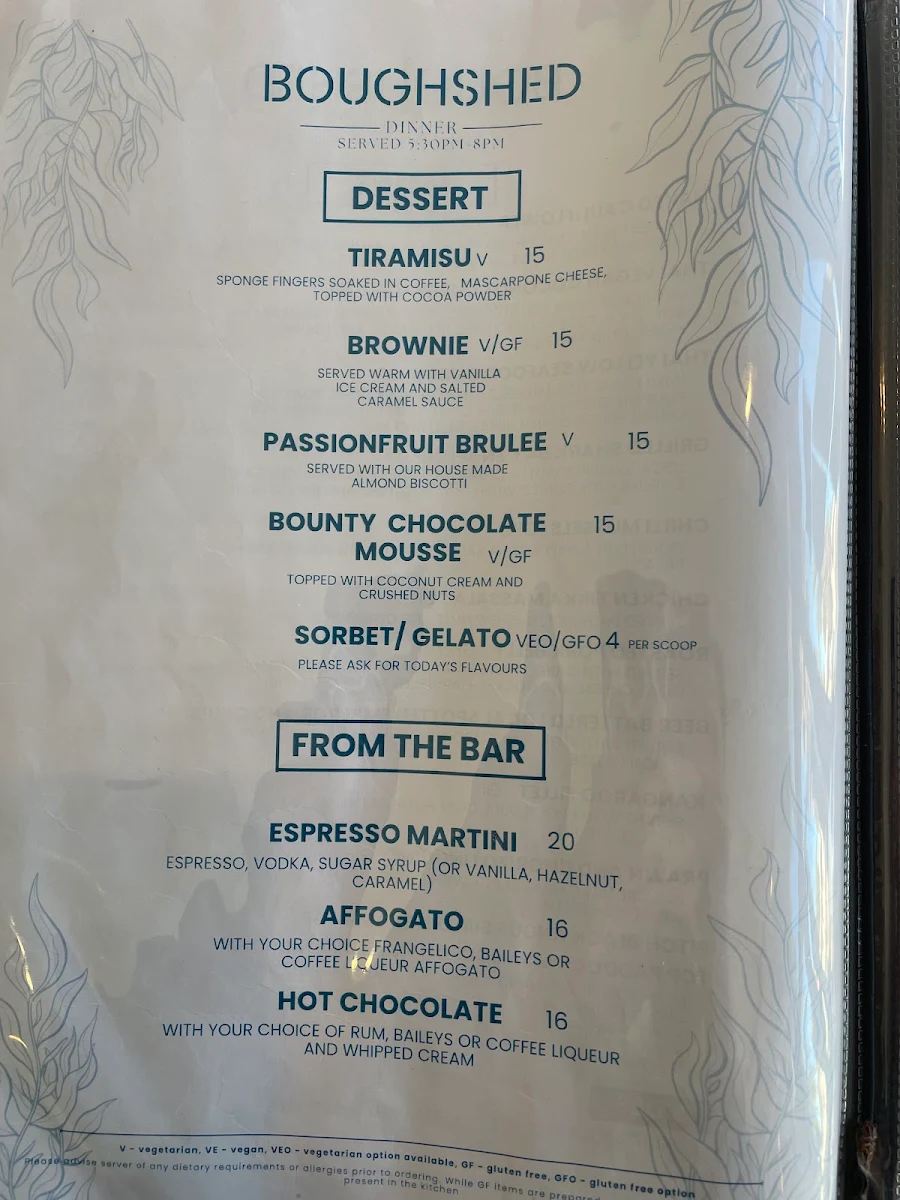 Menu, Boughshed Restaurant