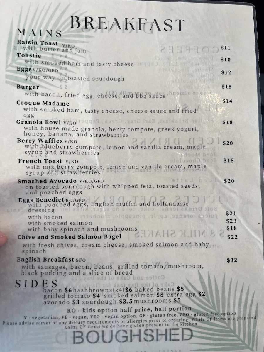Menu, Boughshed Restaurant