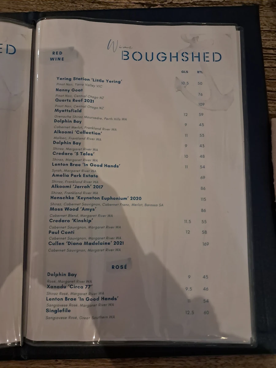 Menu, Boughshed Restaurant