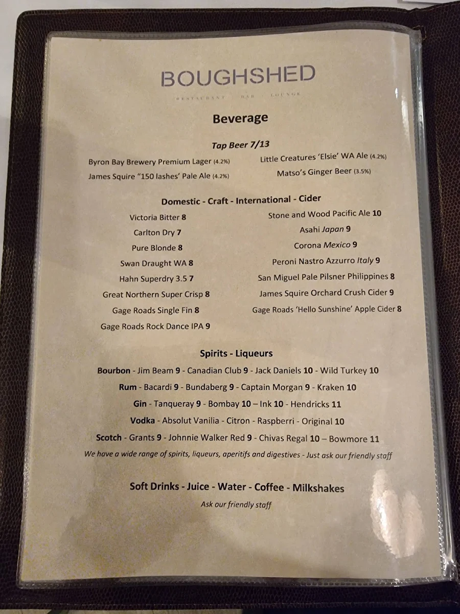 Menu, Boughshed Restaurant