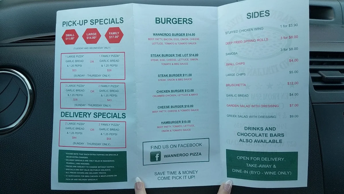 Menu, Wanneroo Pizza
