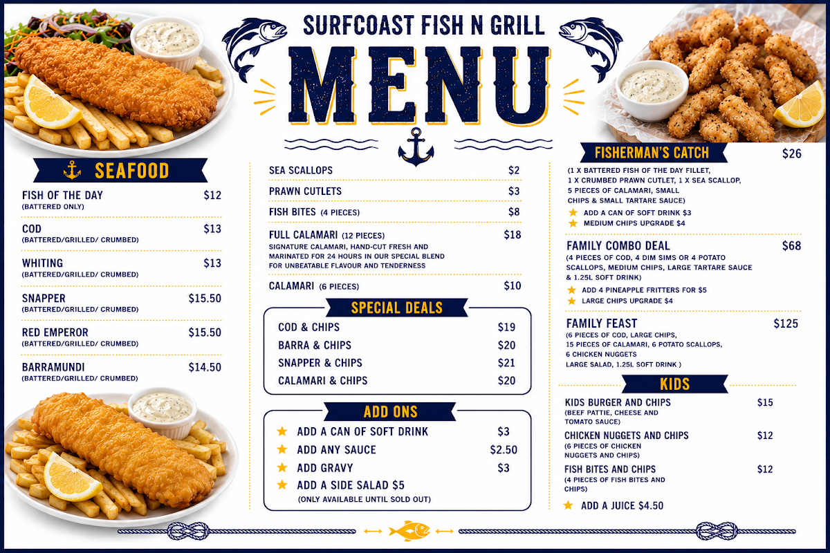 Menu, Surfcoast Fish N Grill