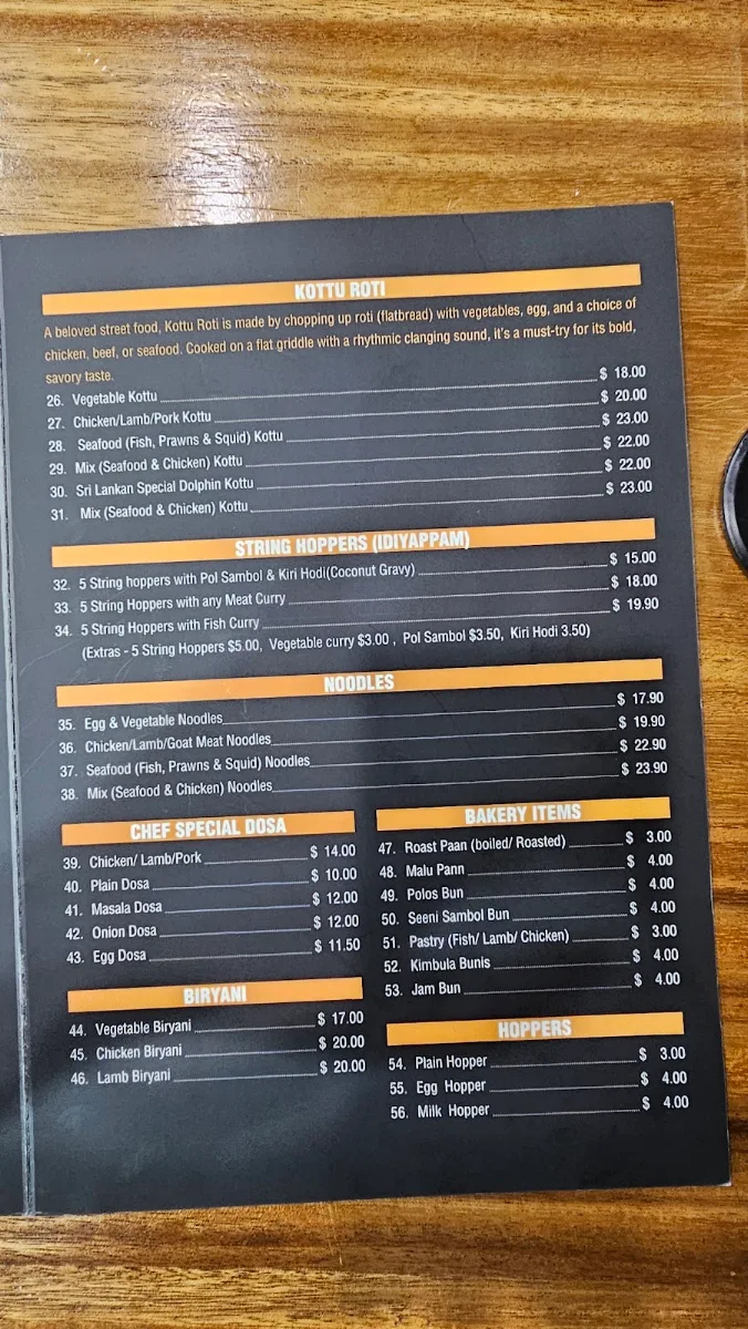 Menu, Kamatha Sri Lankan Restaurant