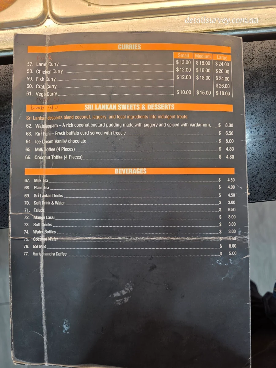 Menu, Kamatha Sri Lankan Restaurant