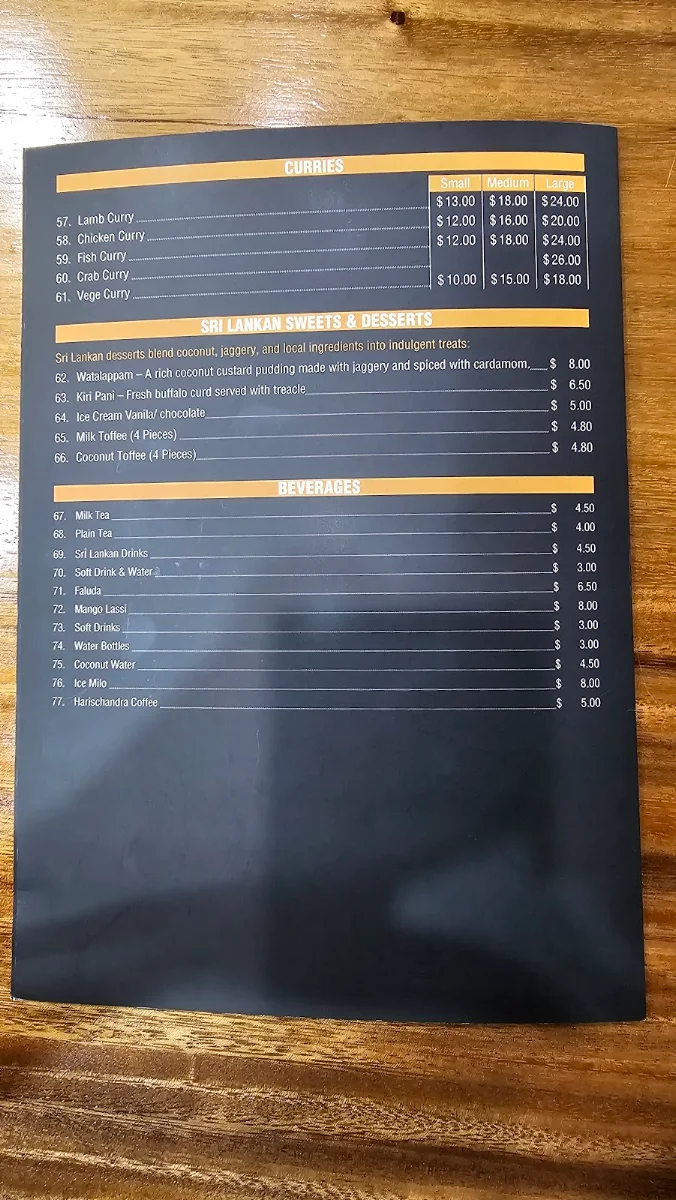 Menu, Kamatha Sri Lankan Restaurant