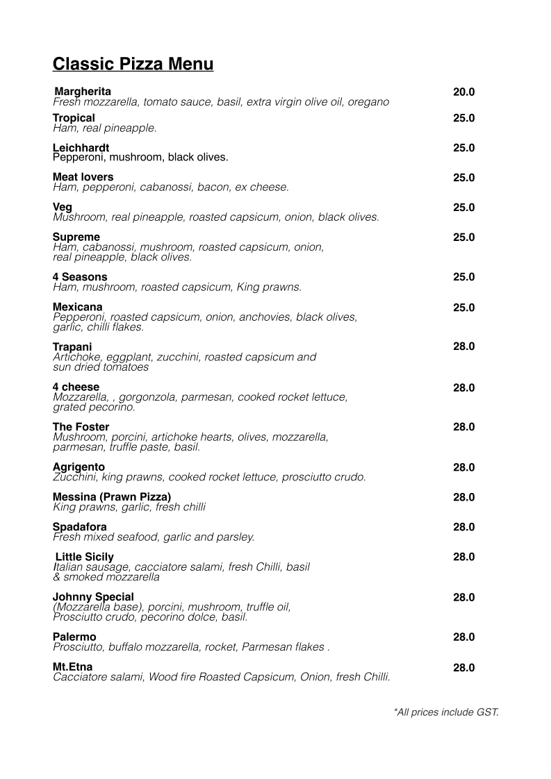 Menu, Little Sicily Ristorante