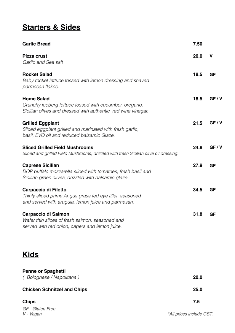 Menu, Little Sicily Ristorante