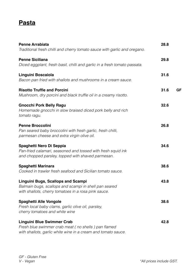 Menu, Little Sicily Ristorante