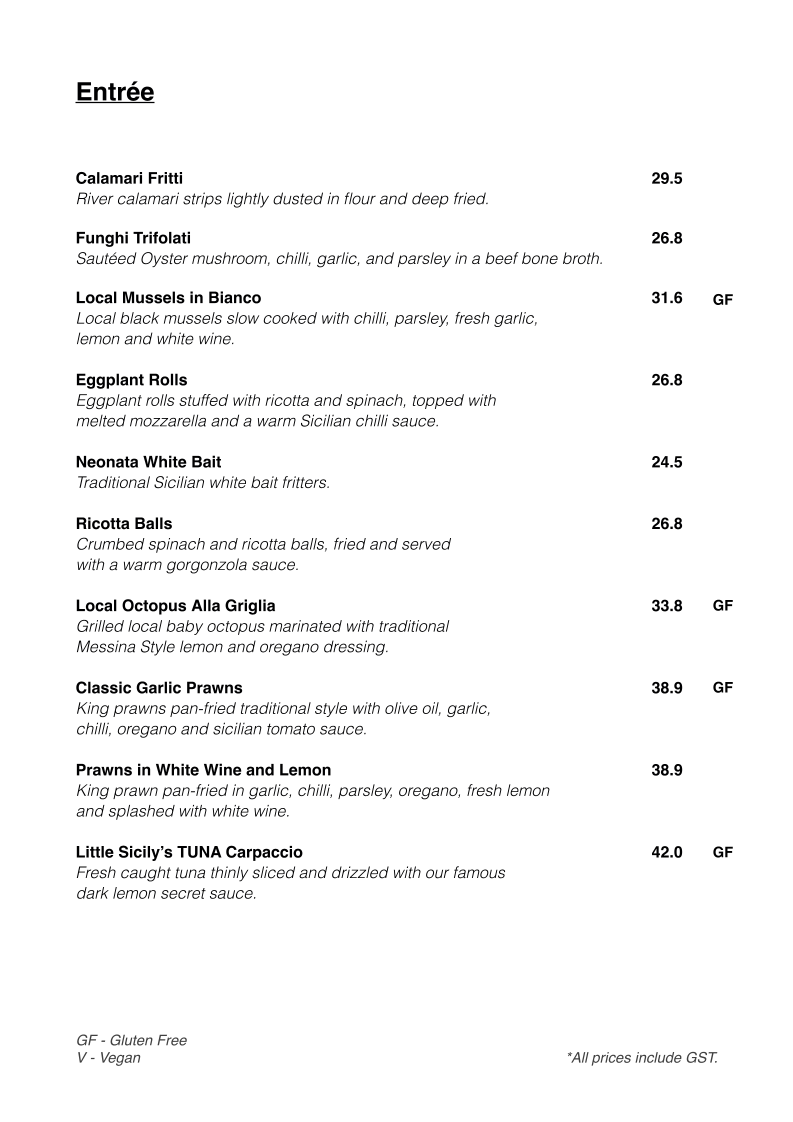 Menu, Little Sicily Ristorante