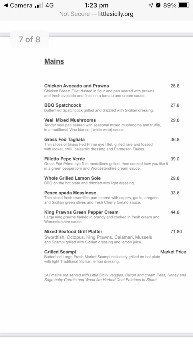 Menu, Little Sicily Ristorante