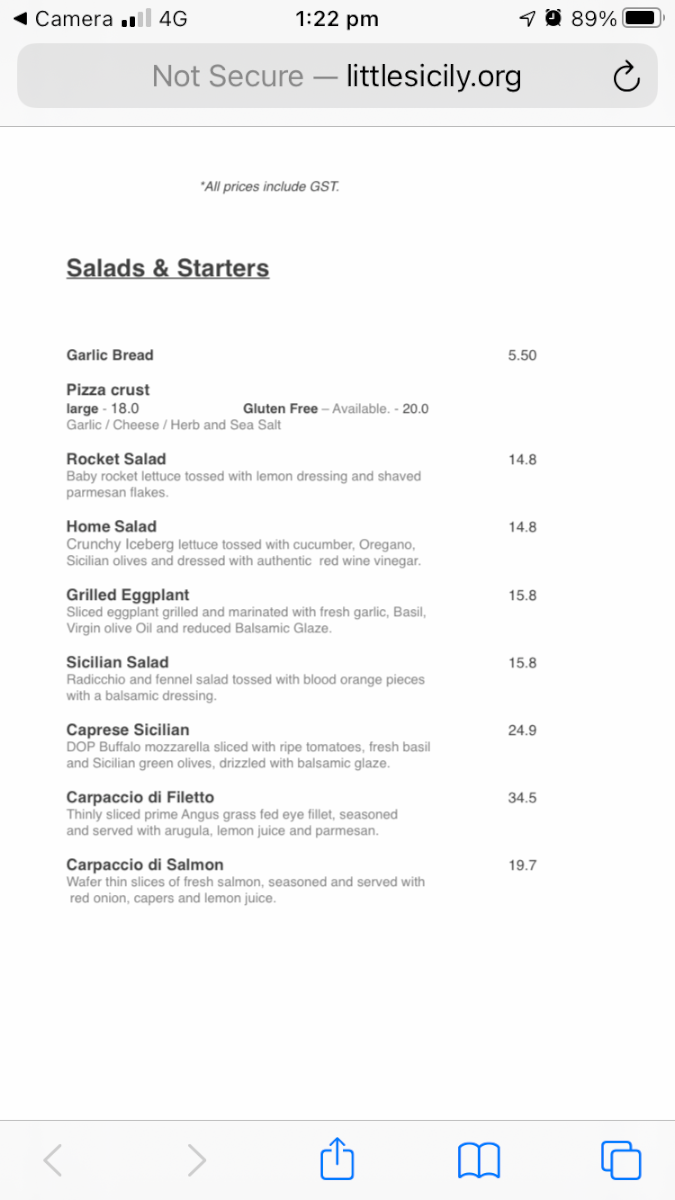 Menu, Little Sicily Ristorante