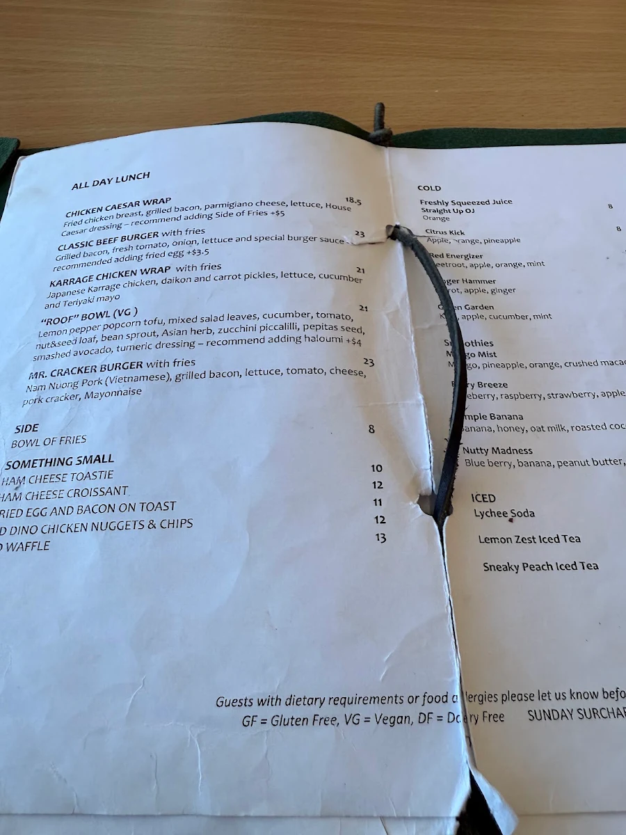 Menu, Roof Cafe Co