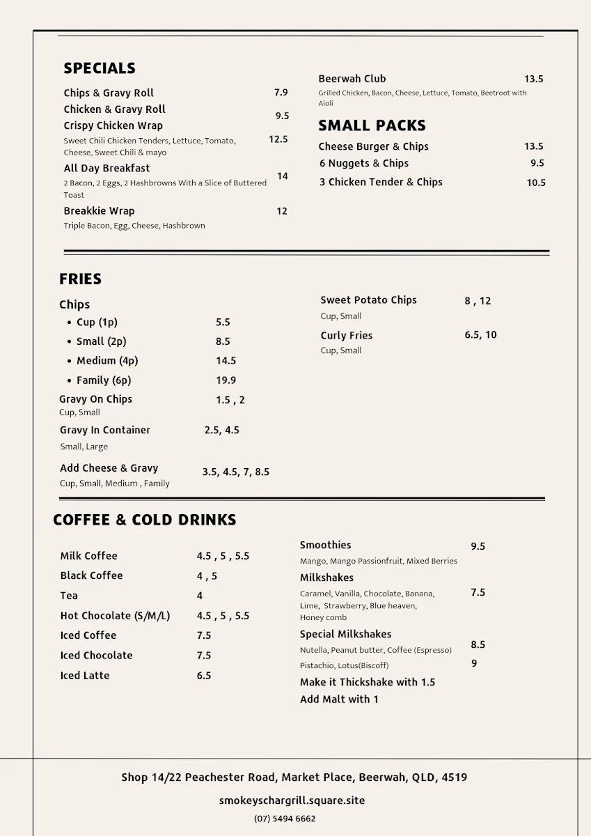 Menu, Smokey's Char Grill Burger Bar