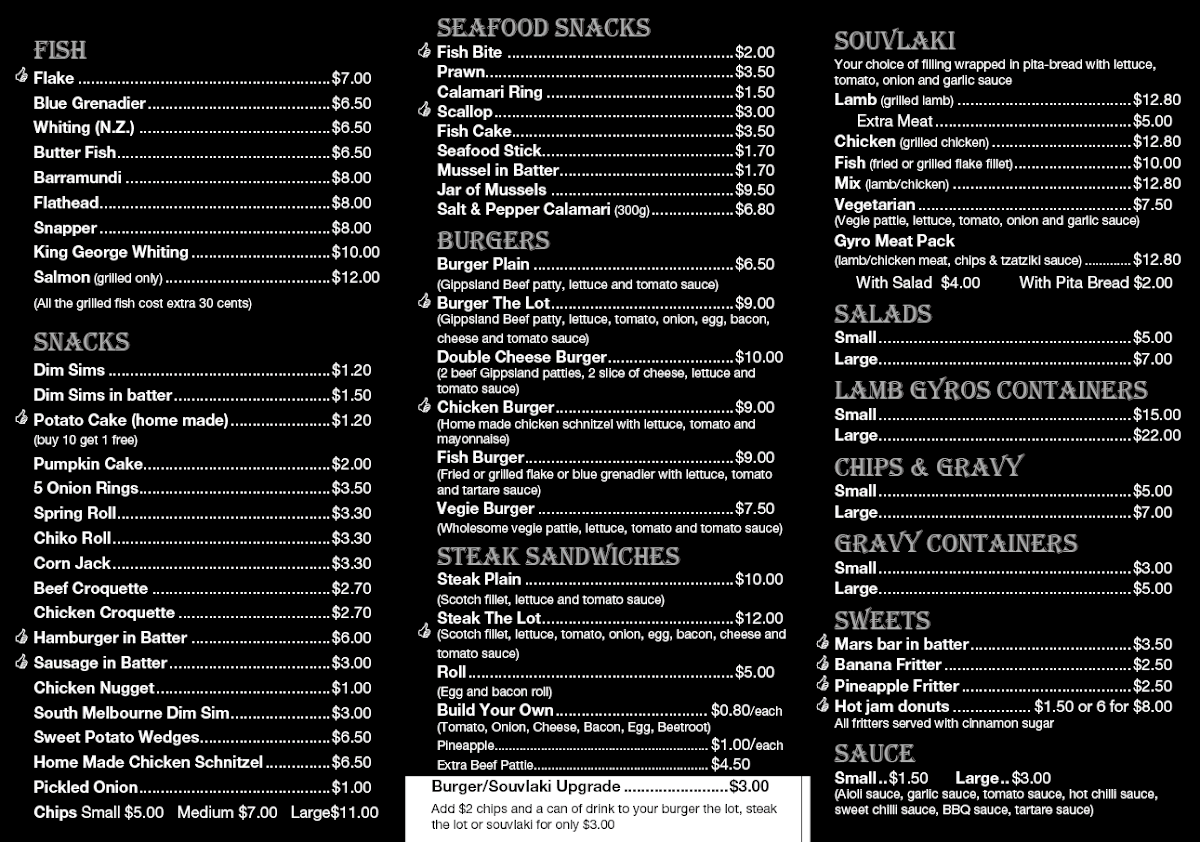 Menu, Shark Attack Fish'N'Chippery - Fish & Chips