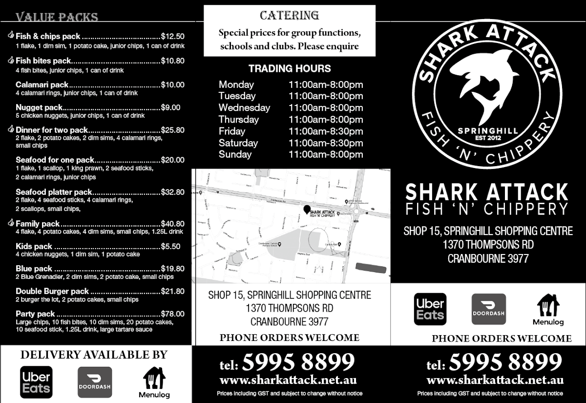 Menu, Shark Attack Fish'N'Chippery - Fish & Chips