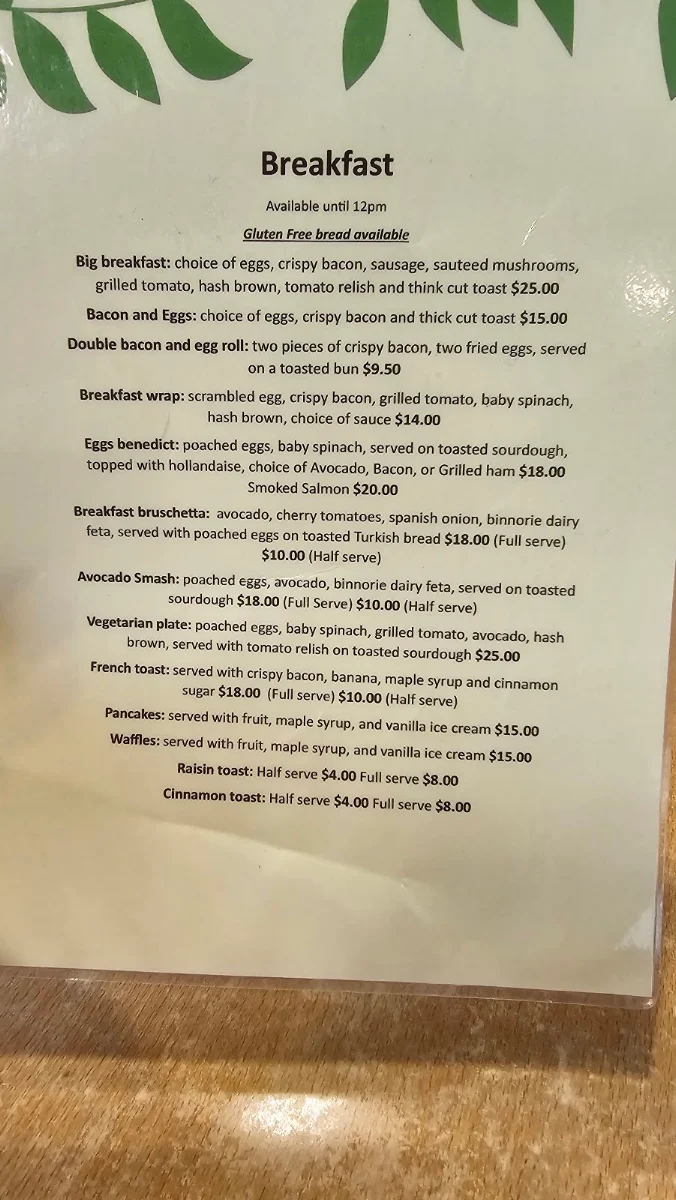 Menu, Parkview Cafe