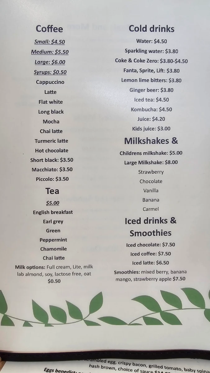 Menu, Parkview Cafe