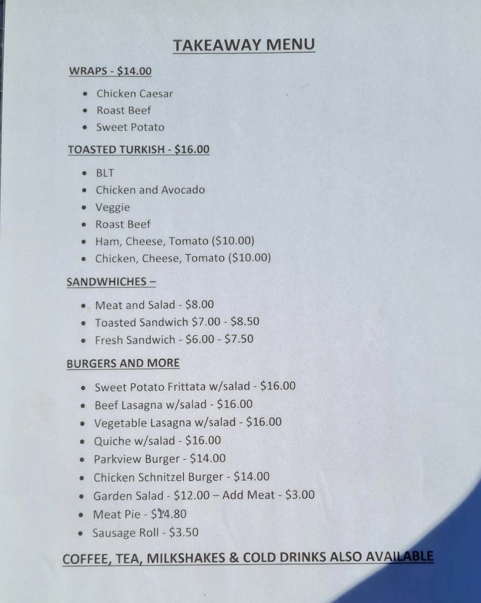 Menu, Parkview Cafe