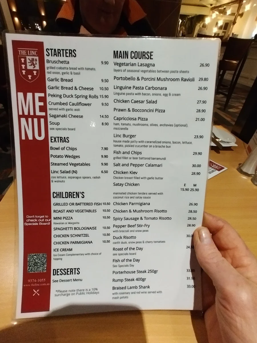 Menu, Lincolnshire Arms Hotel