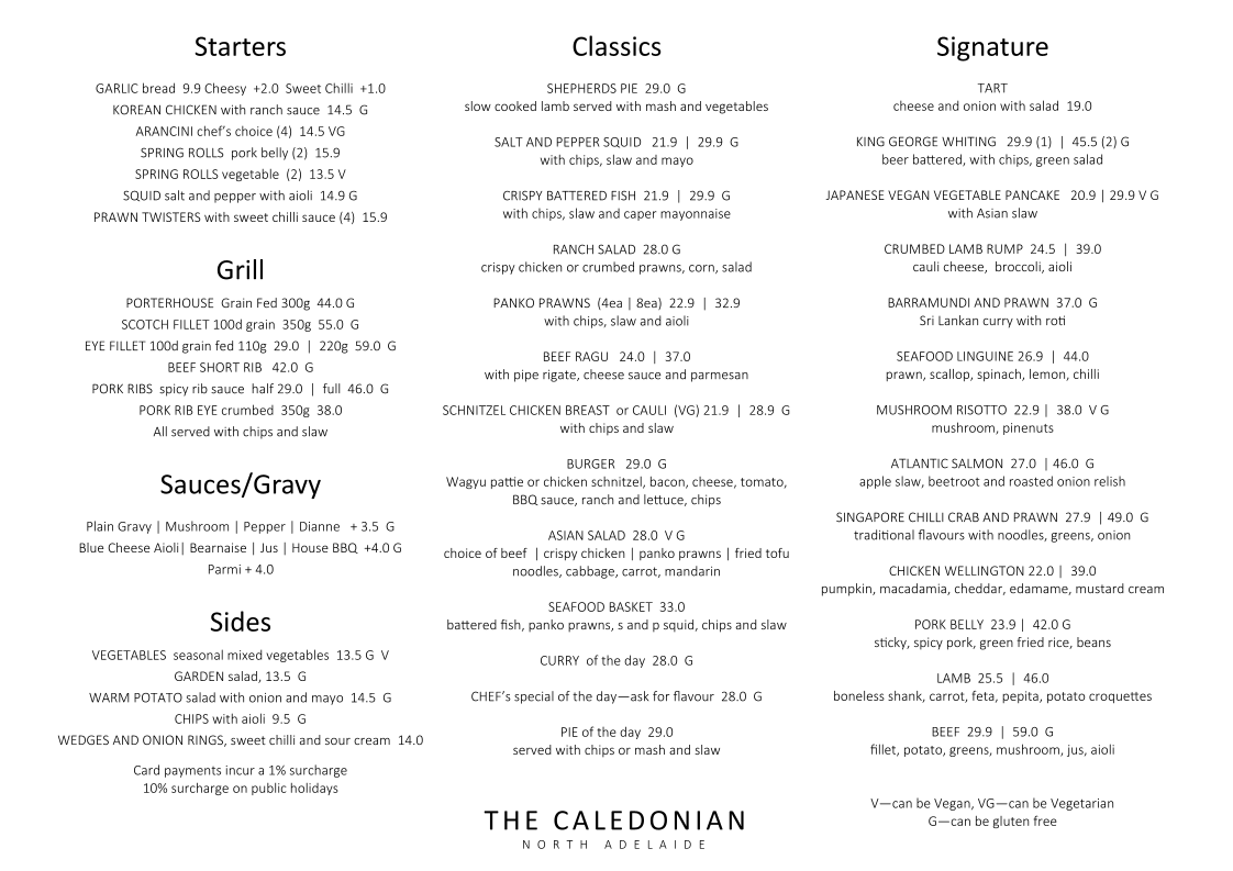 Menu, Caledonian Hotel