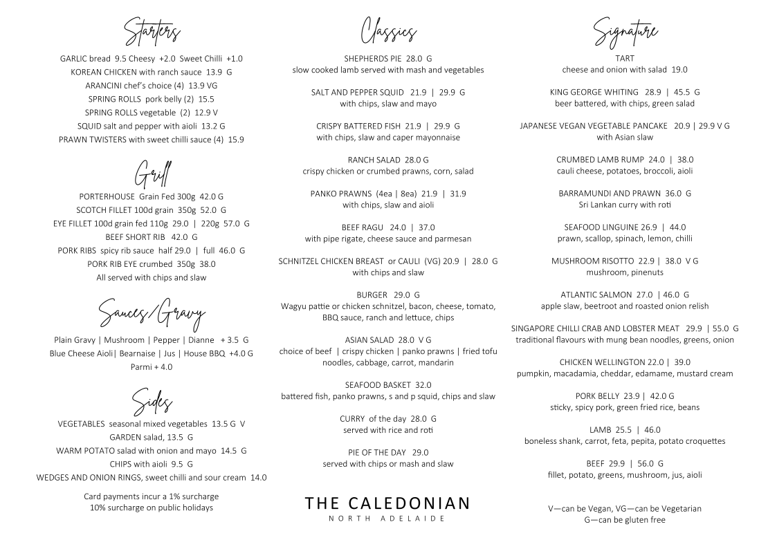Menu, Caledonian Hotel