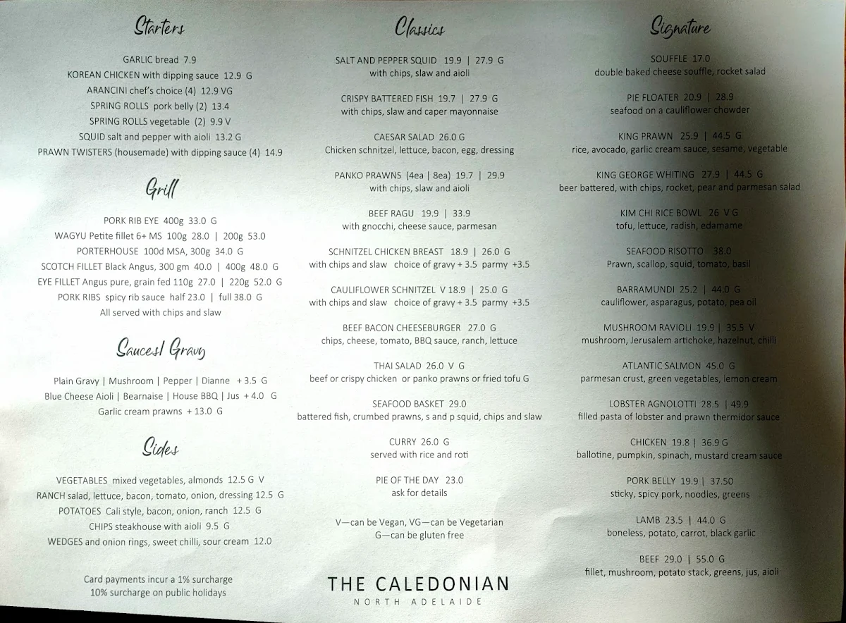 Menu, Caledonian Hotel