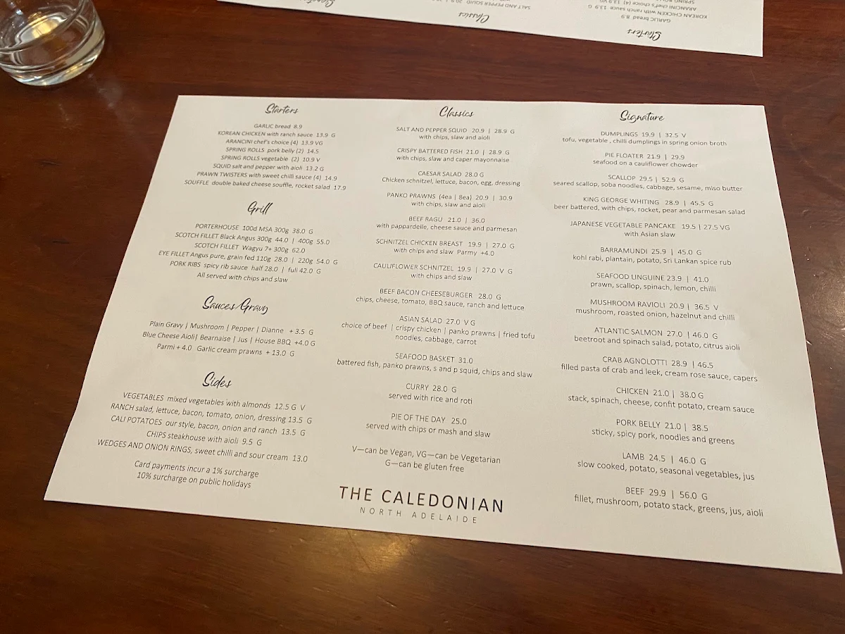 Menu, Caledonian Hotel